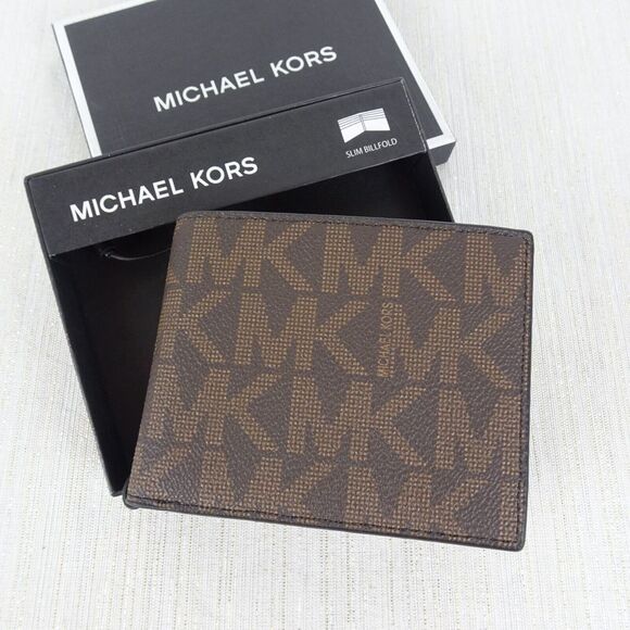 MICHAEL KORS Men's Wallet JET SET Slim Billfold Logo MK Brown Black New In Box - Picture 3 of 9